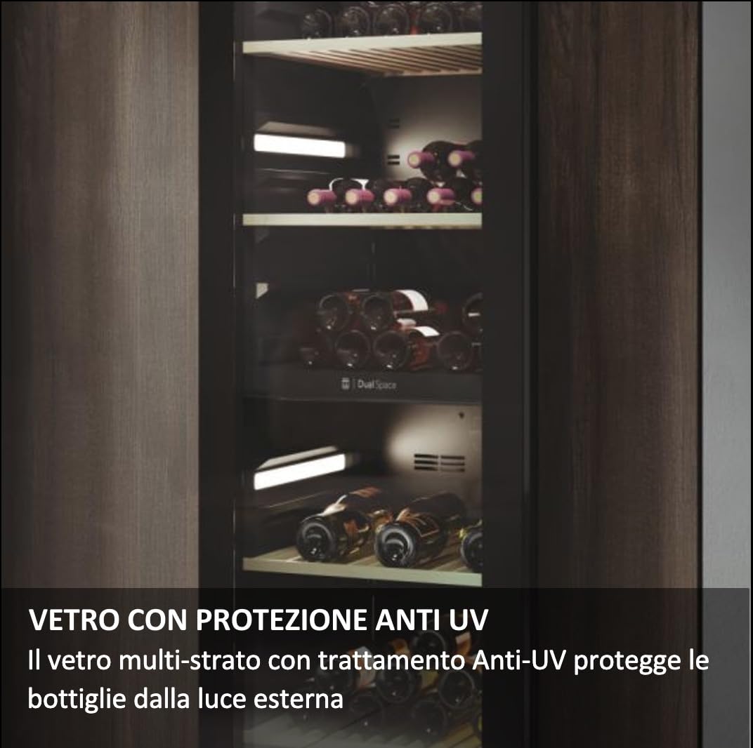 Haier Wine Bank 50 Series 5 HWS49GA stojak na wino, 49 butelek, App hOn, szkło anty-UV, drewniane półki, oświetlenie LED, klasa F, 49,7 x 58,5 x 82 cm, czarny