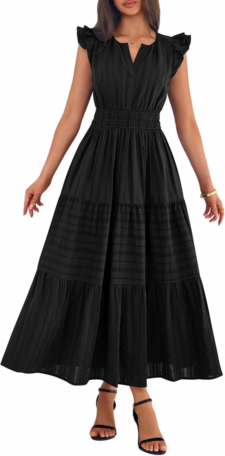 BTFBM Womens Summer Maxi Dress 2026 Spring Boho Vacation Ruffle Flutter Short Sleeve A Line Tiered Flowy Dresses Pockets - Image 8