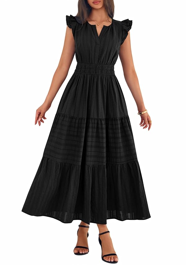 BTFBM Womens Summer Maxi Dress 2026 Spring Boho Vacation Ruffle Flutter Short Sleeve A Line Tiered Flowy Dresses Pockets(Black, XX-Large) by BTFBM - Used condition - Image 7