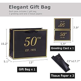 momoake 50th Birthday Gift Bag with Card and Tissue Paper for Men Women Him, 1975 50 Year Old 13 Elegant Black Gold Anniversary Keepsake Party Present Shopping Paper Bags for Gifts Wrapping