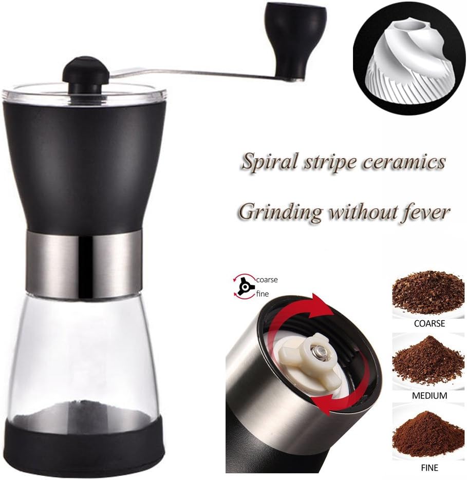 Hand Crank Manual Coffee Grinder Mill with Professional Grade Conical Ceramic Burr，Suliko Hand Ground Coffee Beans Taste Best，Adjustable Coarseness Screw，Precision Brewing with 1 Glass Containers