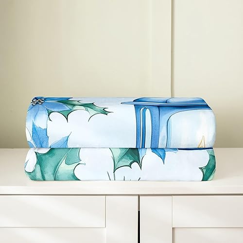 Miniatura 4 de Erosebridal Blue Christmas Flannel Blanket 40x50  Lamp Candle Fuzzy Plush Throw for Sofa Couch Poinsettias Flowers Pine Cones Fleece Blanket