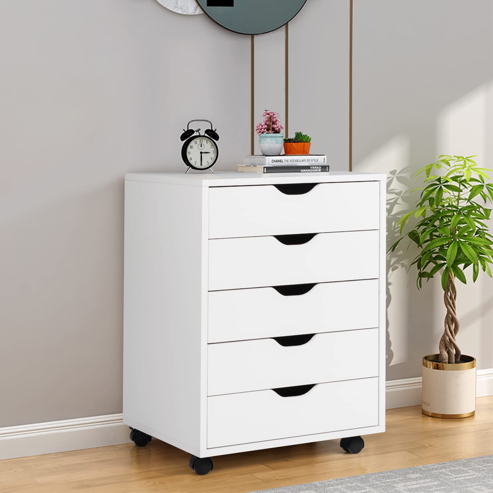 KOMFOTTEU Rollcontainer mit Schubladen, mobiler Aktenschrank Schubladenschrank mit Räder, Bürowagen Druckerständer weiß, Büroschrank für Akten, Dokumente, 49x42x66cm (Weiß)