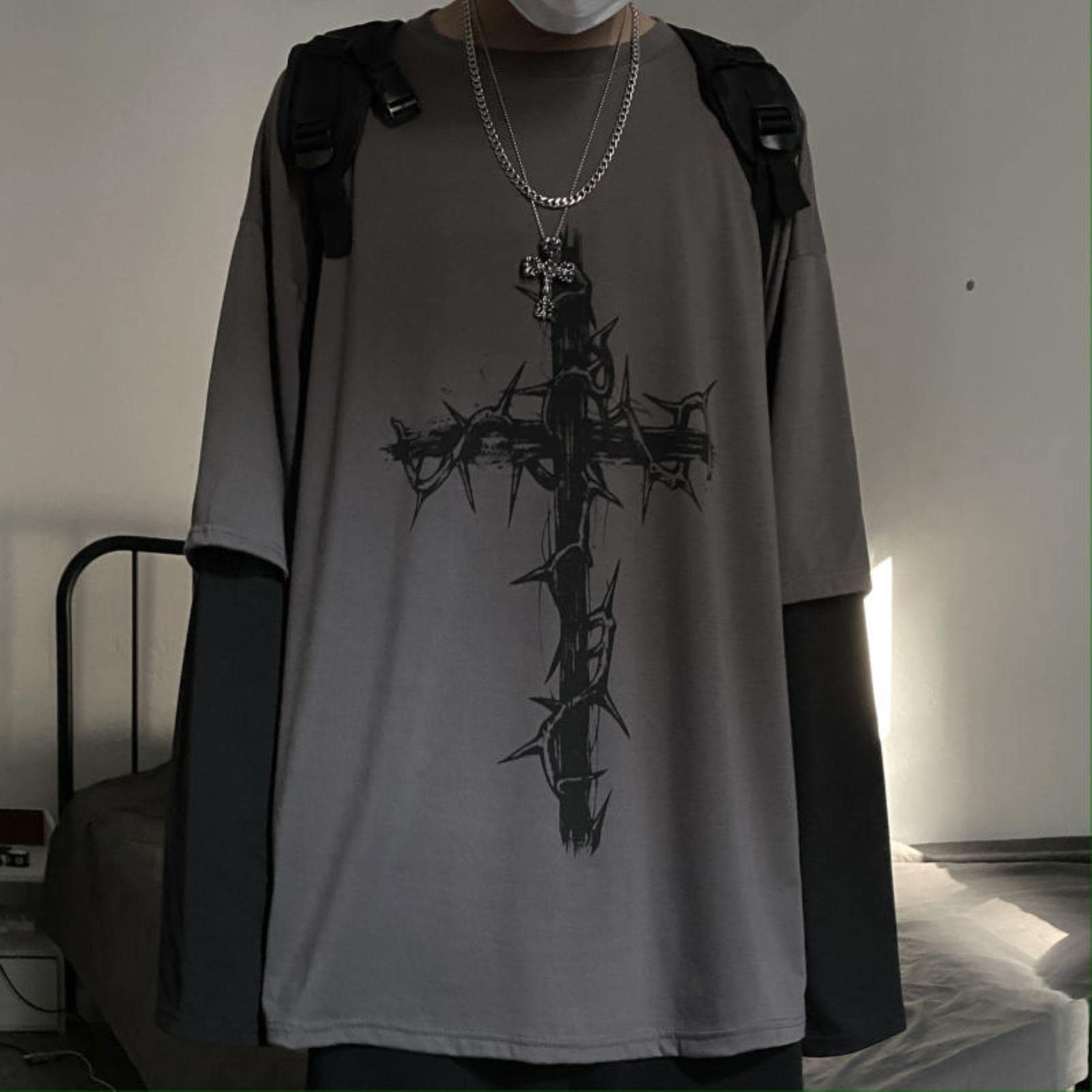 Emo Gothic Kleidung Langarm Oversize T-Shirt Mall Goth Japanisch Koreanische Streetwear Männer Frauen Ästhetische Grunge Kleidung-schwarz,S