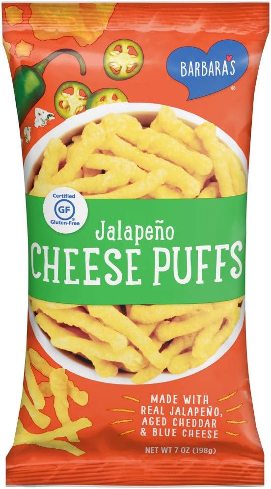 Barbara's Bakery Jalapeno Cheese Puffs, Cheese Puffed Kids Snack Made With Real Aged Cheddar and Blue Cheese, Gluten Free Snack, 7 OZ Bag