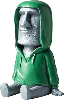 Creative Moai Statue Phone Holder or Pen Stand, Easter Island Sculpture Desk Decor with Green Hoodie Design - Resin Figurine for Office or Home Decor, Gift Idea