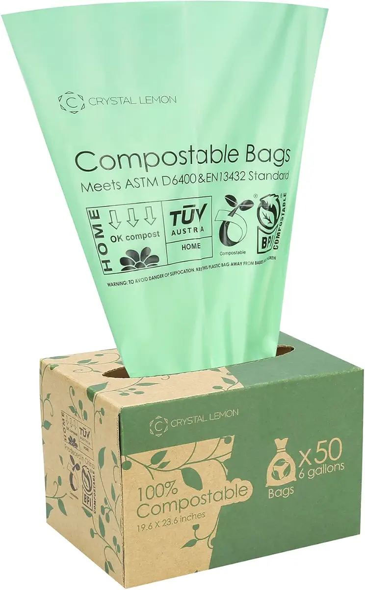 C Crystal Lemon 50 Counts Compostable Trash Bags, 6 Gallon Heavy Duty Trash Bags and Kitchen Garbage Bags