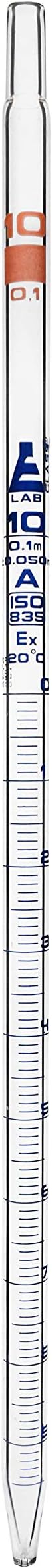 Eisco Serological Pipette, 10ml - Class A, Tolerance ±0.050ml - Blue Graduations - Color Code, Orange - Calibrated for Delivery to Jet - Borosilicate Glass - Labs