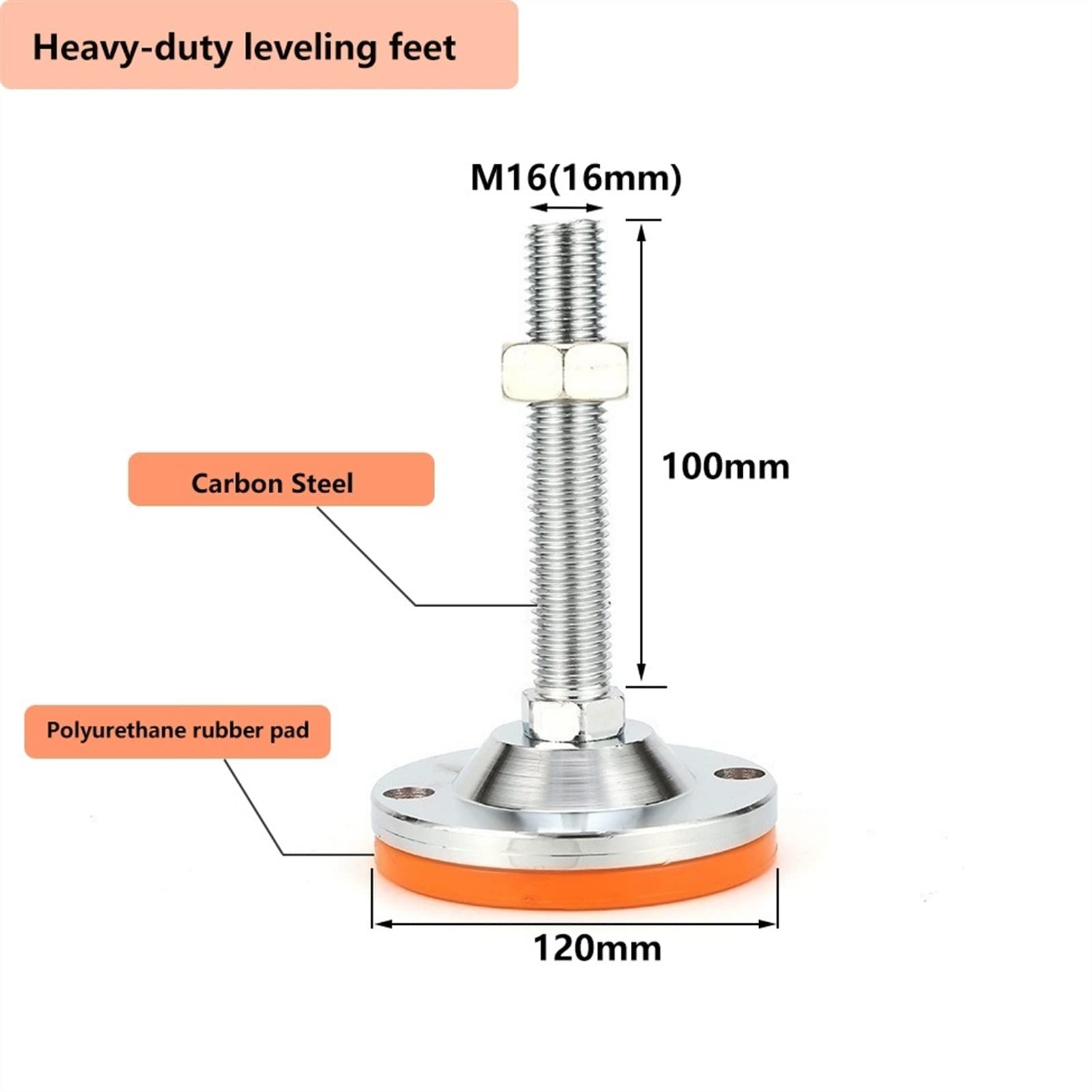 Paquete de 4 pies niveladores ajustables con rosca M16 y base de 120 mm | Patas de tornillo de acero al carbono resistentes con parte inferior de cojín de goma for soporte y equilibrio de muebles