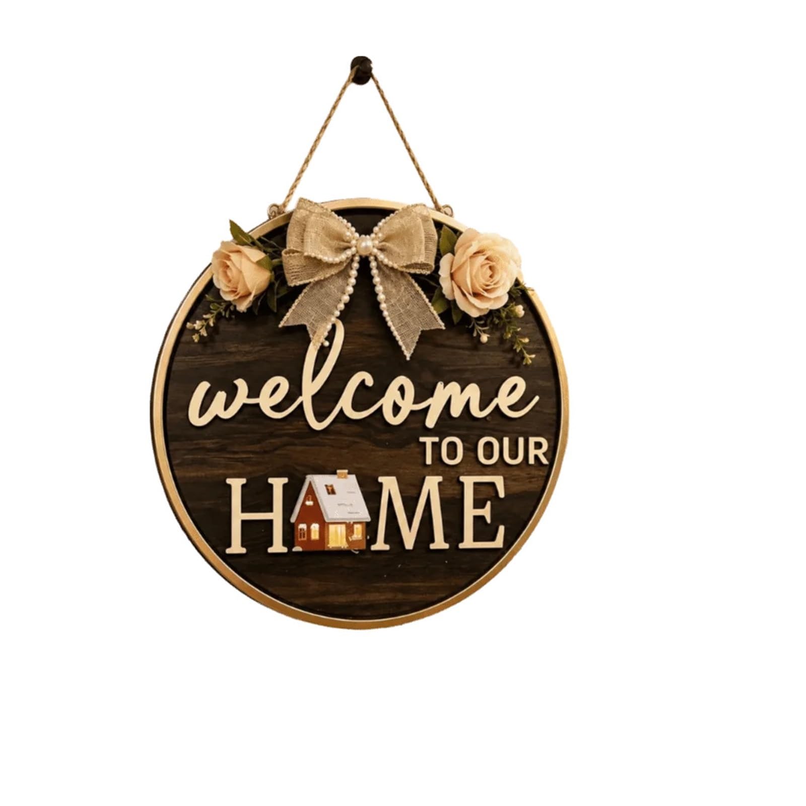 Front Door Wreath Welcome Sign Creative 2D Flat Welcome Sign Wooden Bow Knot Door Wreath Round Shape Flower Wall Art Front Door(ColorD)