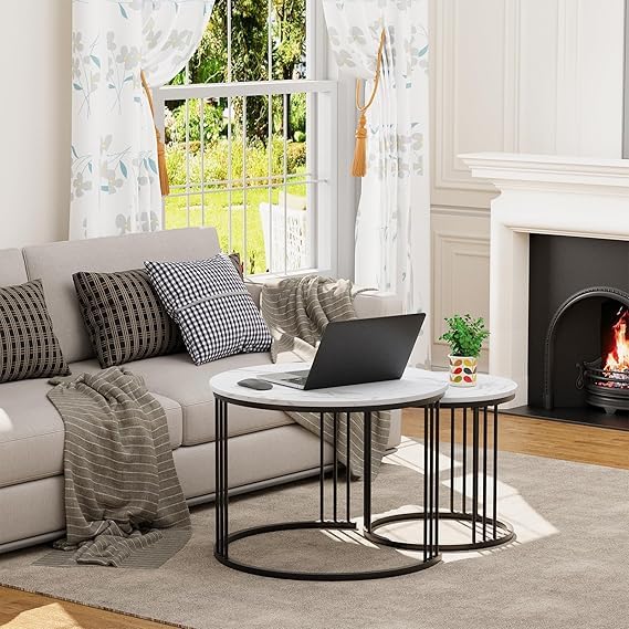Image of Modern Nesting Table Set of 2 - Round Coffee Table with Engineered Wood Top & Metal Frame, Side Tables for Living Room, Bedroom & Lounge (Black & White)