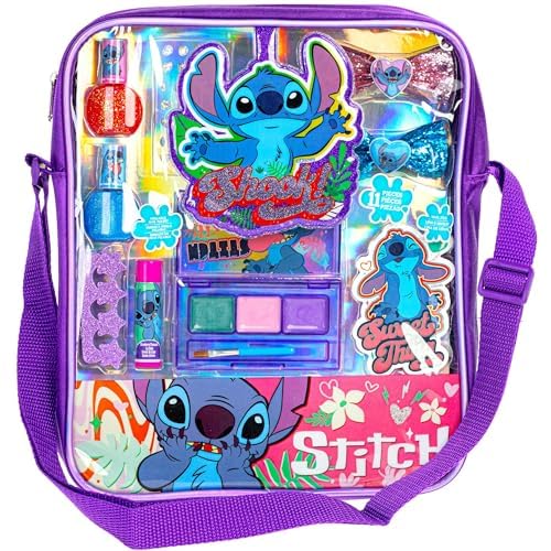 Disney Stitch Mit Make-up gefüllte Schultertasche mit Lipgloss, Nagellack, Haarschleife und mehr! Für Mädchen, ideal für Kinder ab 3 Jahren, perfekt für Partys und Makeovers
