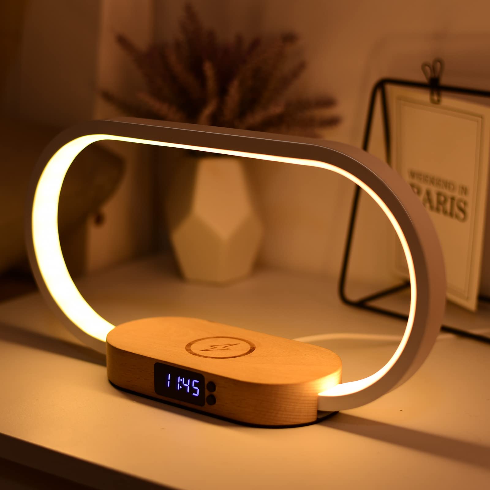 Lampe de Chevet Chargeur sans Fil 15W, Lampe Chevet Bois avec Horloge et Port USB, Lampe de Table Tactile Dimmable avec 3 Modes de Couleur pour Lecture Chambre Bureau, Bois&Blanc