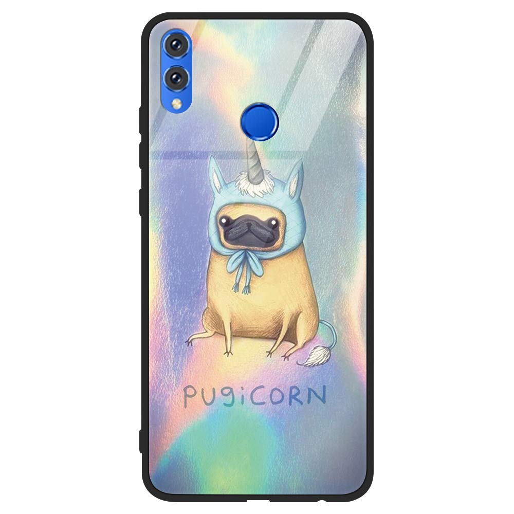 Yoedge for Honor 8X Case, Ultra Slim [Anti-Scratch] Tempered Glass Back Cover [Military-Grade] with Shockproof Silicone Pretty Pattern Protective Skin for Honor 8X (Colorful Dog)