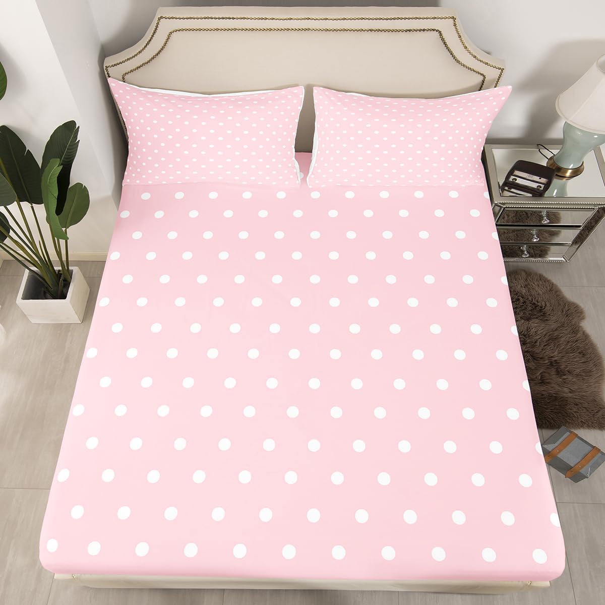 Pink White Fitted Sheet with 1 Pillowcase Twin Size Kids Polka Dots Bed Sheets Set 16" Deep Pocket for Boys Girls Teens Abstract Bedding Breathable Soft Microfiber Modern Room Decor