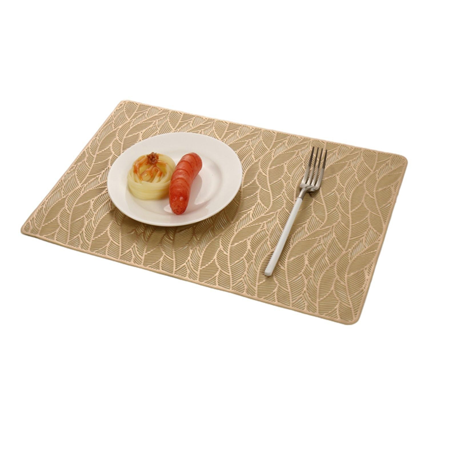 Juego de 10 manteles individuales de PVC, resistentes al calor, antideslizantes, lavables, estilo europeo, patrón de hojas huecas, color dorado, para cenas, restaurantes, hoteles, 30 x 45 cm