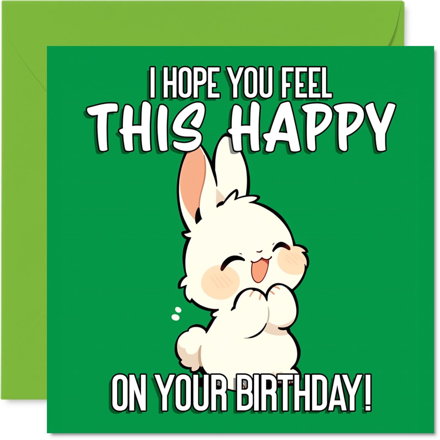 Cute Birthday Card - Bursting with Birthday Joy - Cheerful Bunny on Lively Green - Guaranteed to Lift Anyone's Spirits - 145mm Square, Envelope Included