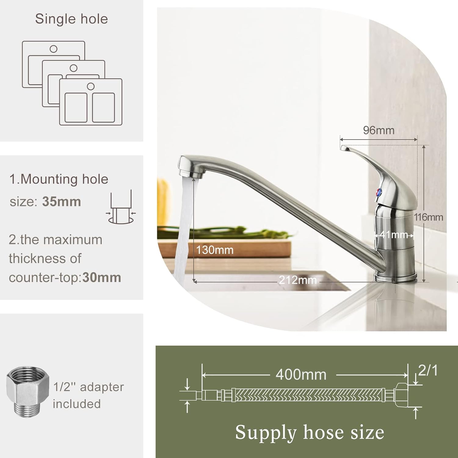 Kitchen Taps Brushed Steel Monobloc Single Lever Kitchen Sink Taps