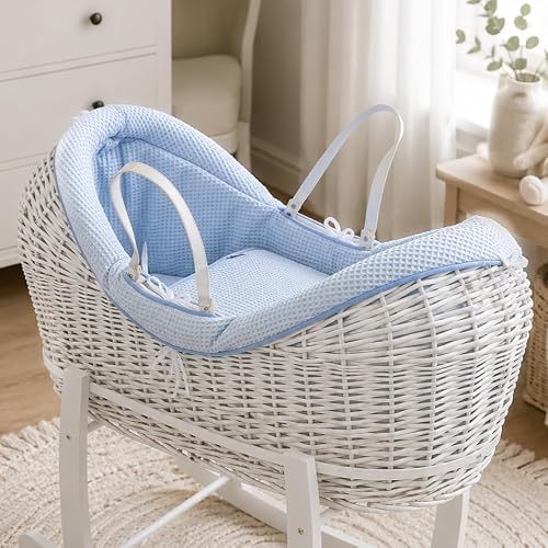 Image of For Your Little One Pod Moses Basket Bedding Set – Waffle & Dimple Designs with Hood, Quilt & Bumper | Soft & Breathable (Pod Moses Basket Not Included!) (Waffle, Blue)
