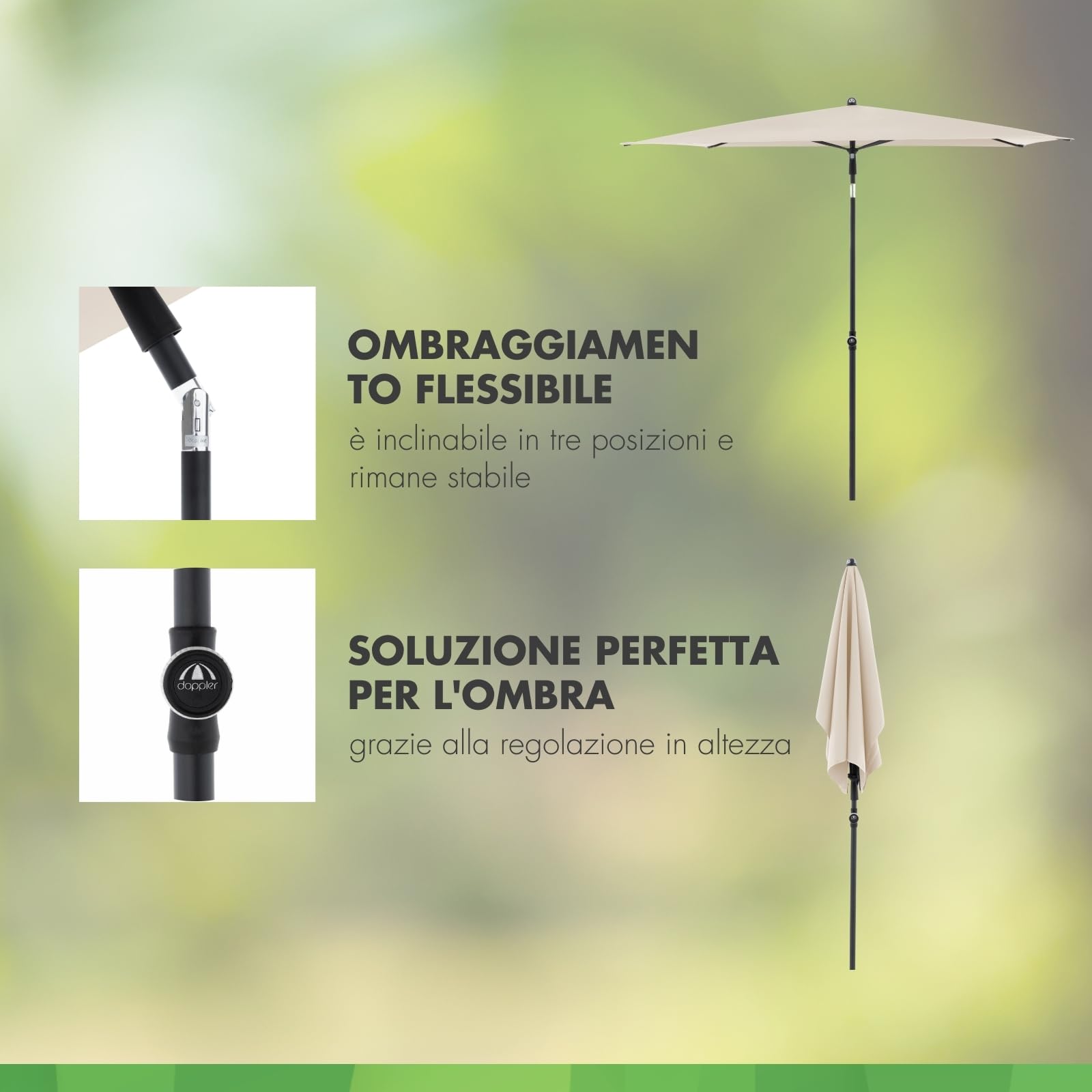 Doppler Parasole Rethink I 180x120cm al naturale I inclinabile per balcone e terrazza I sostenibile I con apertura a mano I Con copertura