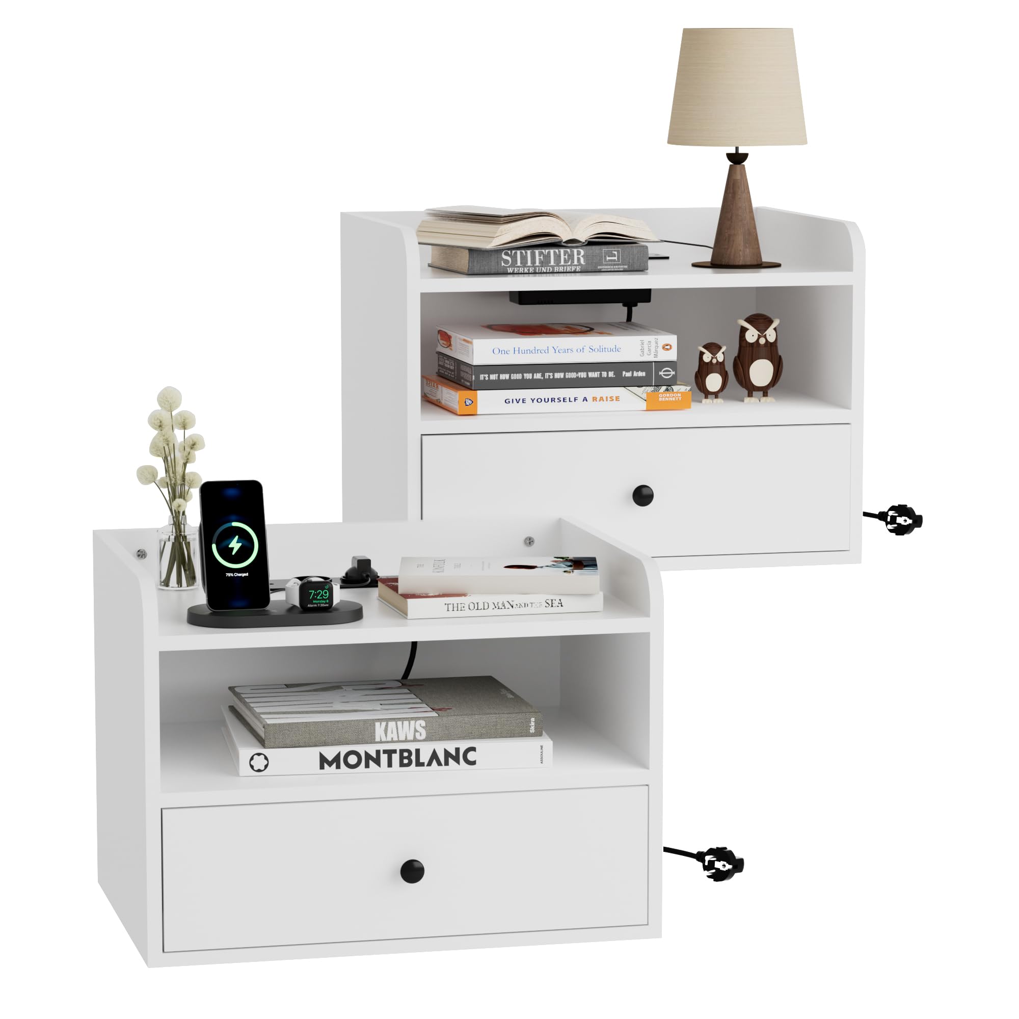 BonVache Nachttisch Hängend 2er Set, Nachttische Wandmontage mit Offener Raum und Schubladen, Steckdosen und Schnittstellen, Modern, für Wohnzimmer, Schlafzimmer, Weiß