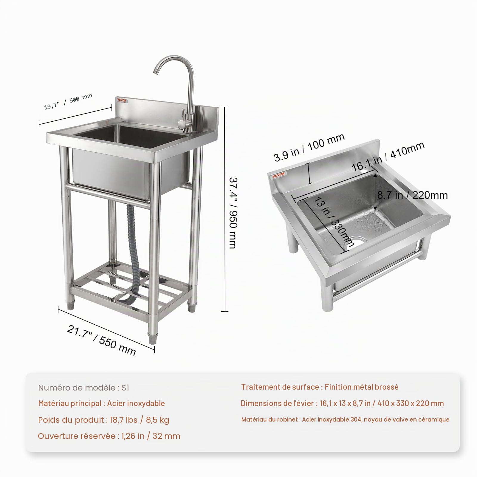 VEVOR Évier utilitaire en acier inoxydable, 1 compartiment autoportant, petit évier avec robinet et pieds, 40,6 x 33 x 22,1 cm – Évier commercial à bol unique pour garage, restaurant, cuisine