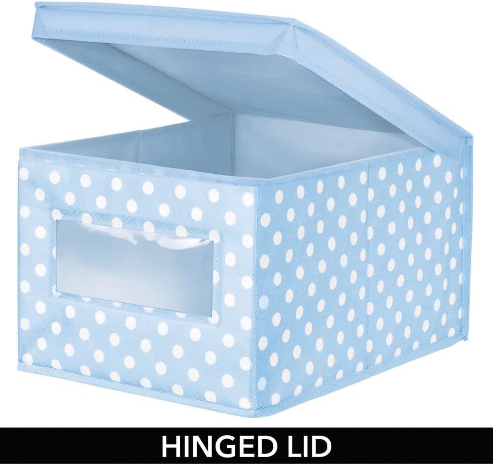 mDesign Large Soft Stackable Fabric Baby Nursery Storage Organizer Holder Bin Box with Front Window/Lid for Child/Kids Bedroom, Playroom, Classroom, Lido Collection, Light Blue/White Polka Dot