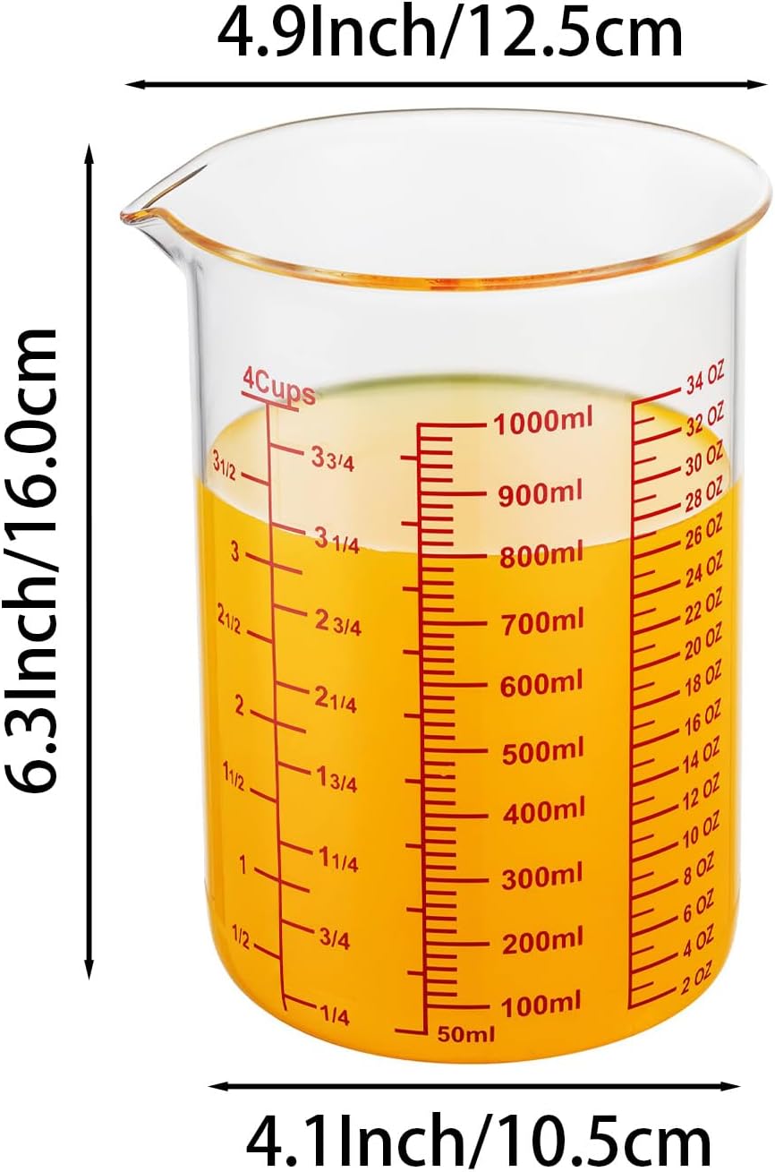 High Borosilicate Glass Measuring Cup-V-Shaped Spout，Glass Measuring Beaker for Kitchen or Restaurant, Easy to Read, 1000 ML (32 Oz, 4Cup)