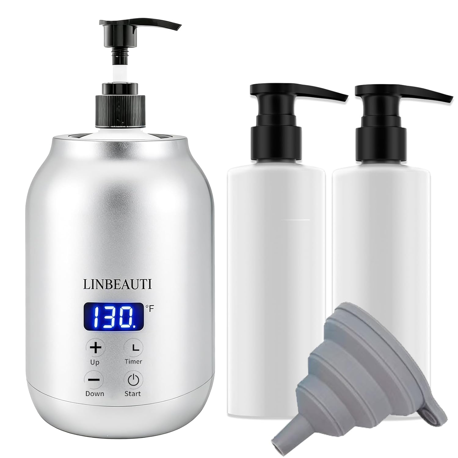 Professional Massage Oil Warmer Bottle Lotion Heater for SPA, Automatic Oil Warmer Heated Essential Lotion Cream with Two Oil Bottle Dispenser for Salon, Barber Shops, Home (Silver)