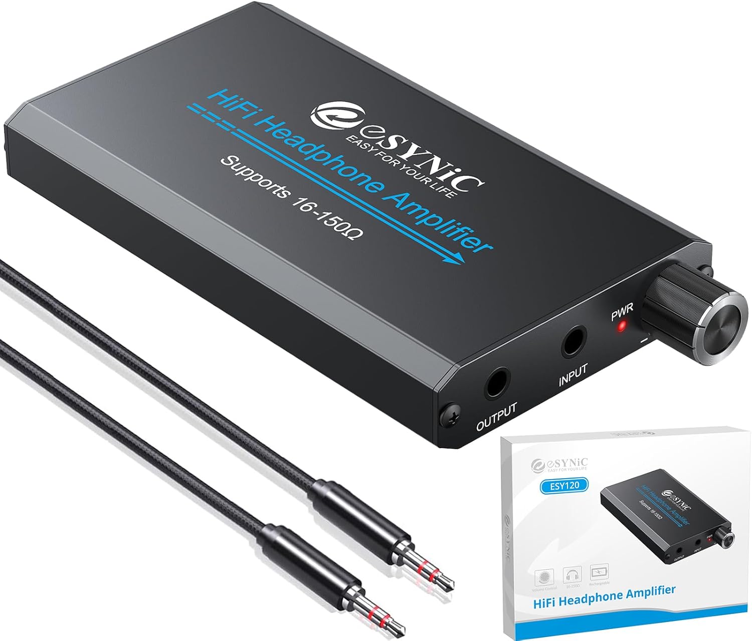 eSynic Portable Headphone Amplifier – Aluminum Alloy High Fidelity Headphone Audio Amp with 2 Stage Gain Switch (16-150Ω) | Rechargeable Designed (8H Playtime) | 3.5mm AUX for MP3/Phone/PC |0003% THD|