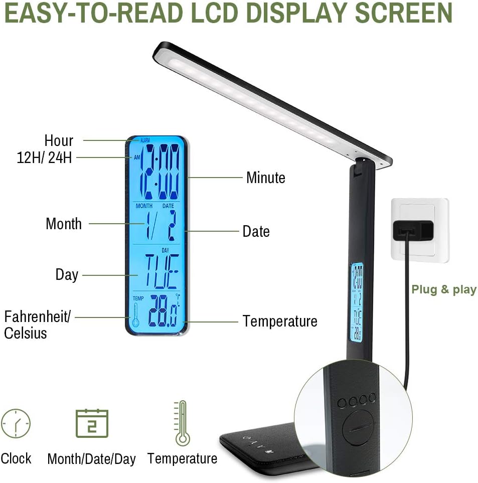 ErayLife LED Desk Lamp, Dimmable Office lamp with Clock, Desktop Lamp with Phone Holder, 3 Color Modes, 5 Brightness Level, Foldable Lamp for Reading, Studying, Working(Black)