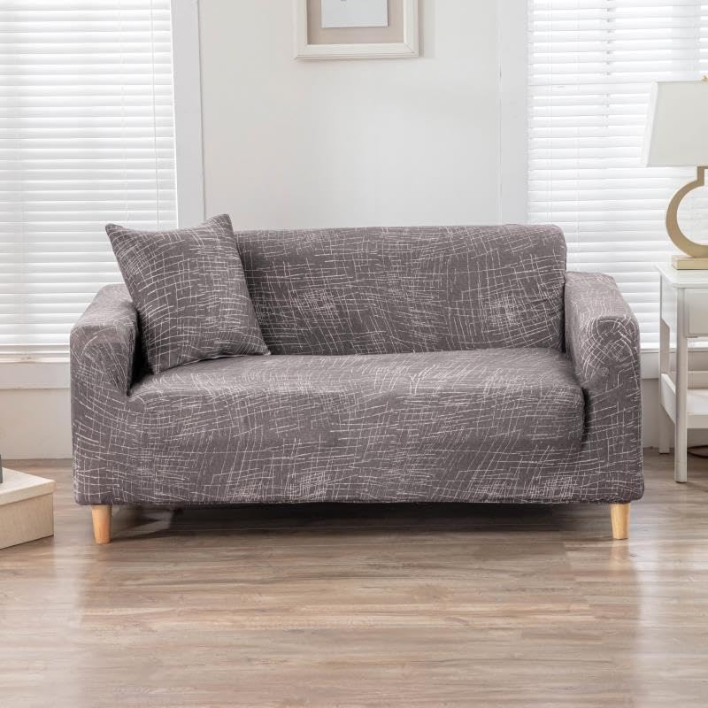 TONY STARK Spandex and Polyester Fabric Fern Super Stretchable Flexible Non-Slip Big Elasticity Size Two-Seater Sofa Cover (Abstract LINE Brown, 145-185cm, 1 Piece Cushion Cover Included)