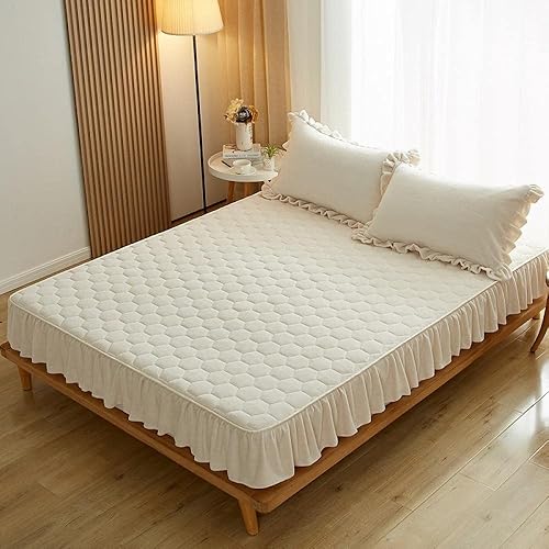 Miniatura 10 de Cómodas sábanas, protector de colchón grueso y cálido de terciopelo cristalino, color liso, para dormitorio, habitación de huéspedes, con volantes,