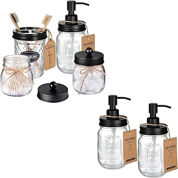 Amolliar 4PCS &amp; 2pcs Black Mason Jar إكسسوارات الحمام مجموعة - 3 pcs Lotion Soap Dispenser &amp; 2 pcs Cotton Swab Holder &amp; 1pcs Toothbrush Holder، Waterproof Stickers، Rustic Farmhouse Decor