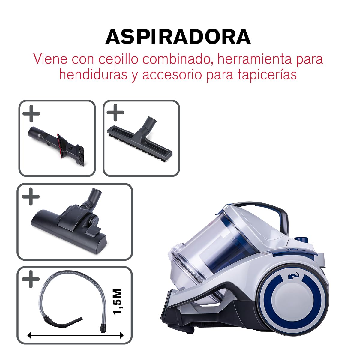 Dirt Devil Aspirador sin Bolsa DD2504 - Vacuum Cleaner 700W con Filtro HEPA 12 - Aspiradora Ciclónico con Cepillo Combinado, Boquilla para Rincones y Boquilla para Parquet