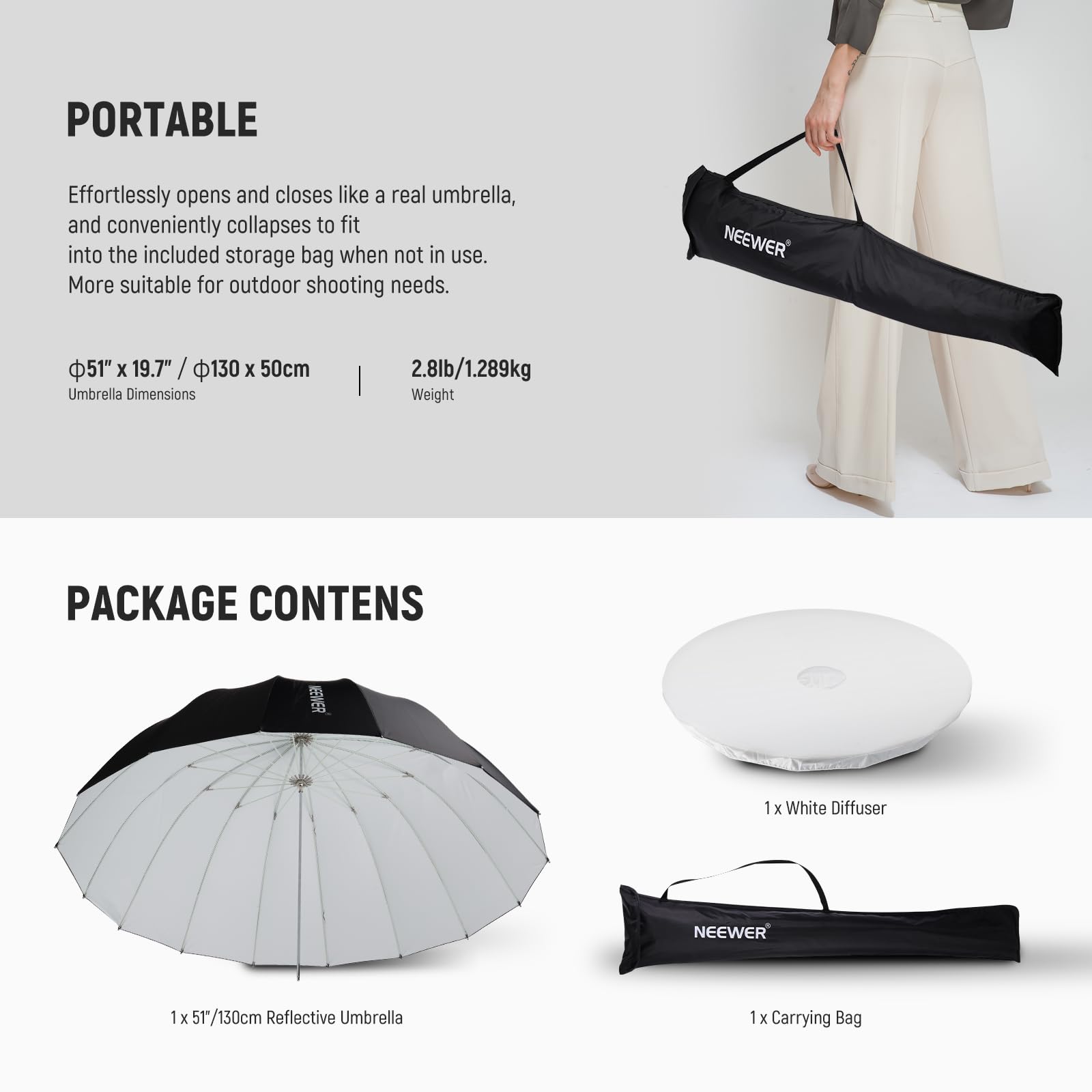 NEEWER 130cm Parabolischer Reflexschirm Studioschirm Fotografie, Regenschirm mit weißer Innenseite, weiche Beleuchtung mit Diffusor Abdeckung, Tasche, schnell zusammenklappbar für Kamera Video, NS2U