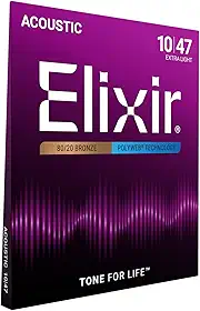 Elixir Cordas, cordas de guitarra acústica, bronze 80/20 com revestimento POLYWEB, tom quente de longa duração com sensação confortável, conjunto de 6 cordas, extra leve 10-47