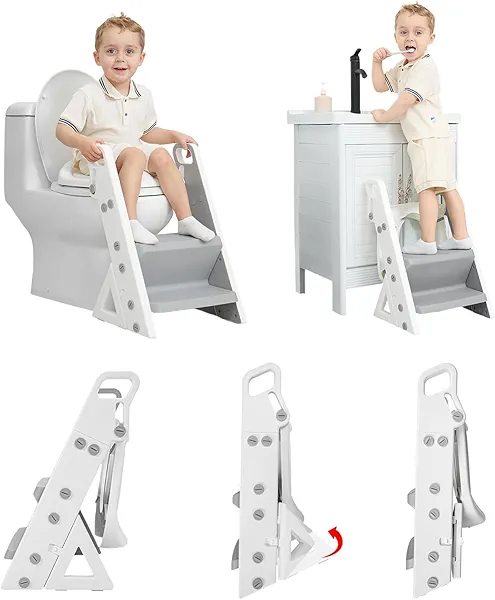 Primlect Space-Saving Potty Training Seat with Ladder, Adjustable Step and Toilet Seat Height, Top Handles for Easy Climbing, Easy to Carry, Portable Toddler Toilet Trainer for Small Bathrooms