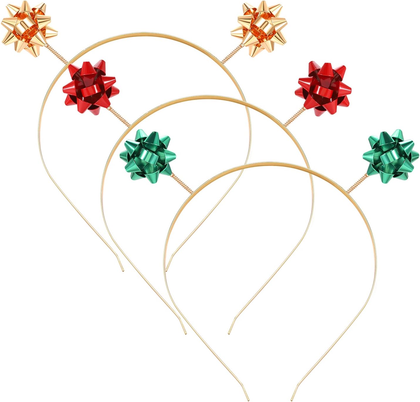 boderier 3 PACK Christmas Bow Headbands for Women Gold Red Green Gift Bow Head Bopper Santa Festive Headband Hair Accessories