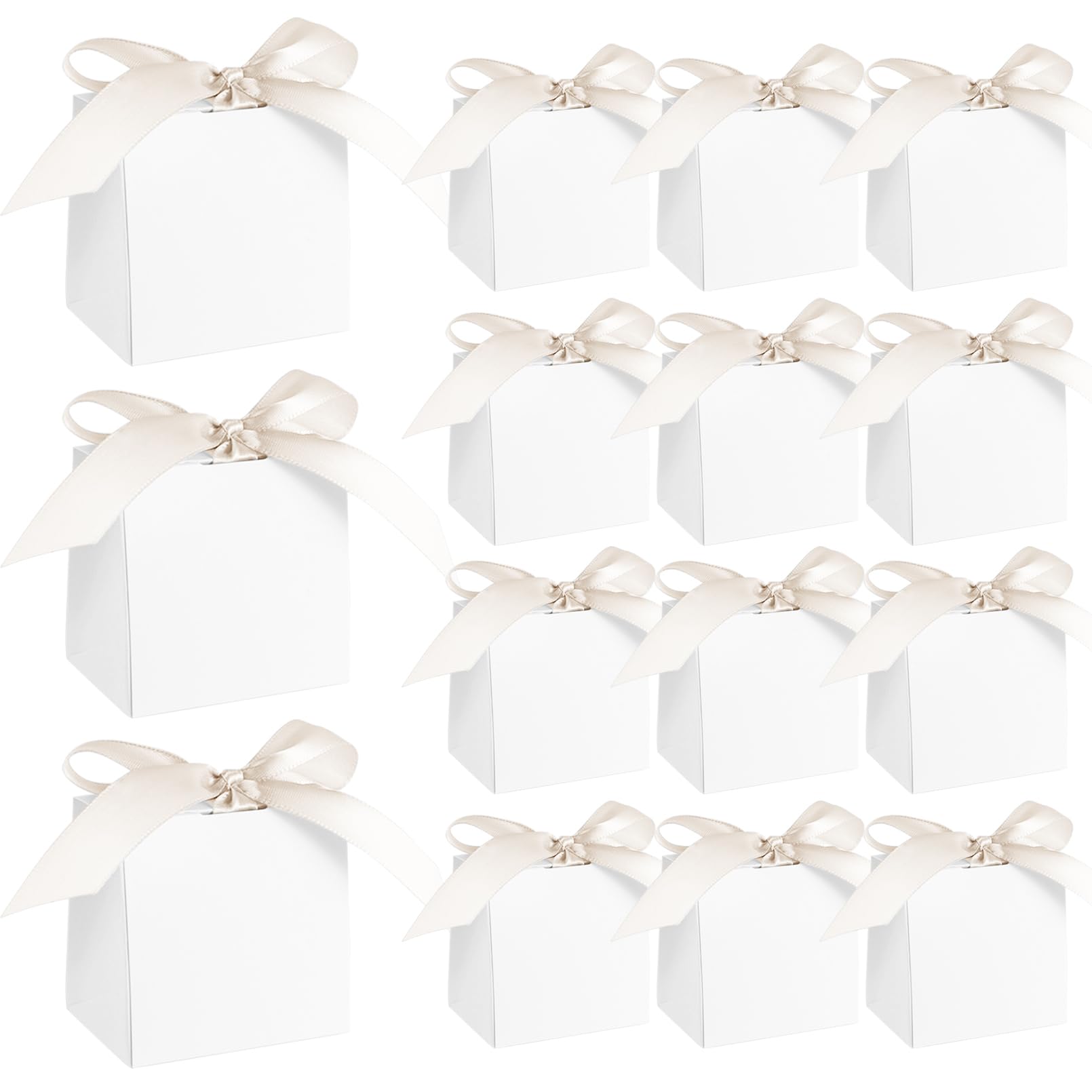 48 Pack White Favour Boxes Mini Gift Bag Party Gift Boxes for Wedding Baby Shower(White Ribbons)