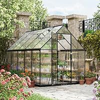 ALAULM 6 x 10ft Polycarbonate Greenhouse, Large Walk-in Garden Greenhouse with Lockable Door,Gabled Roof &Dual-Side Rain Gutters for Plants, Patio, Backyard(Black)