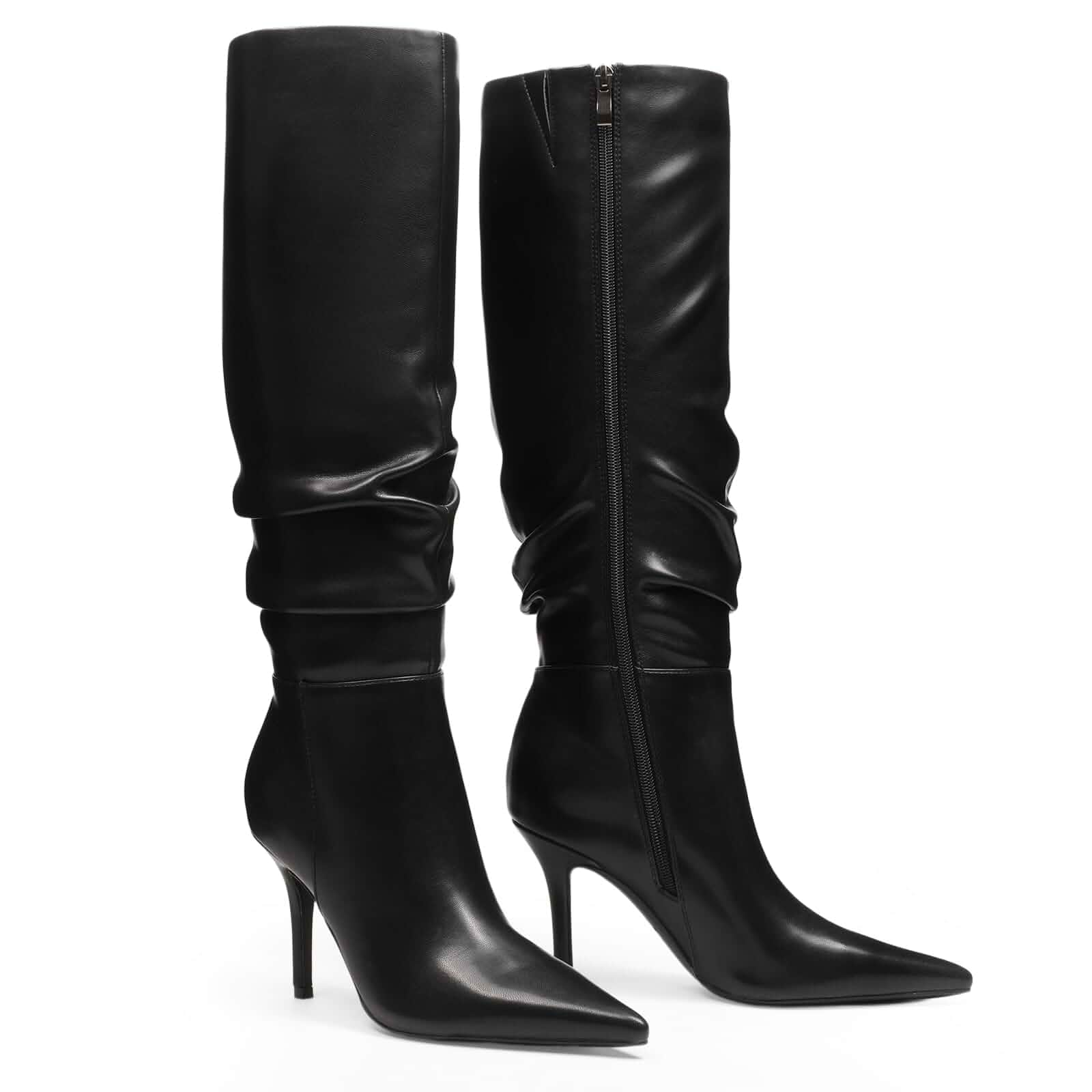 Knee High Boots for Women 3.6 Inch Kitten Heel Pointed Toe Fold Boots Full Side Zipper, Faux Leather, 3.6 Inch Kitten Heels, Pointed Toe, Cushioned Insole, Easy to Clean and Store