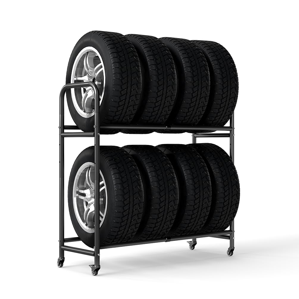 BAOYOUNI Étagère à pneus avec roues pour 8 pneus, 2 niveaux, réglable en hauteur, étagères de rangement peu encombrantes pour garage, maison, cave, atelier, (63-108) x 39 x 112 cm, noir