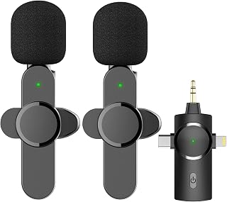 Microfones de lapela sem fio duplos para iPhone, Android e câmeras - microfones duplos sem fio plug and play Chip de redução de ruído embutido de latência ultra baixa 2.4G Tempo de trabalho ultra longo de 7 horas, adequado para criação de duas pessoas