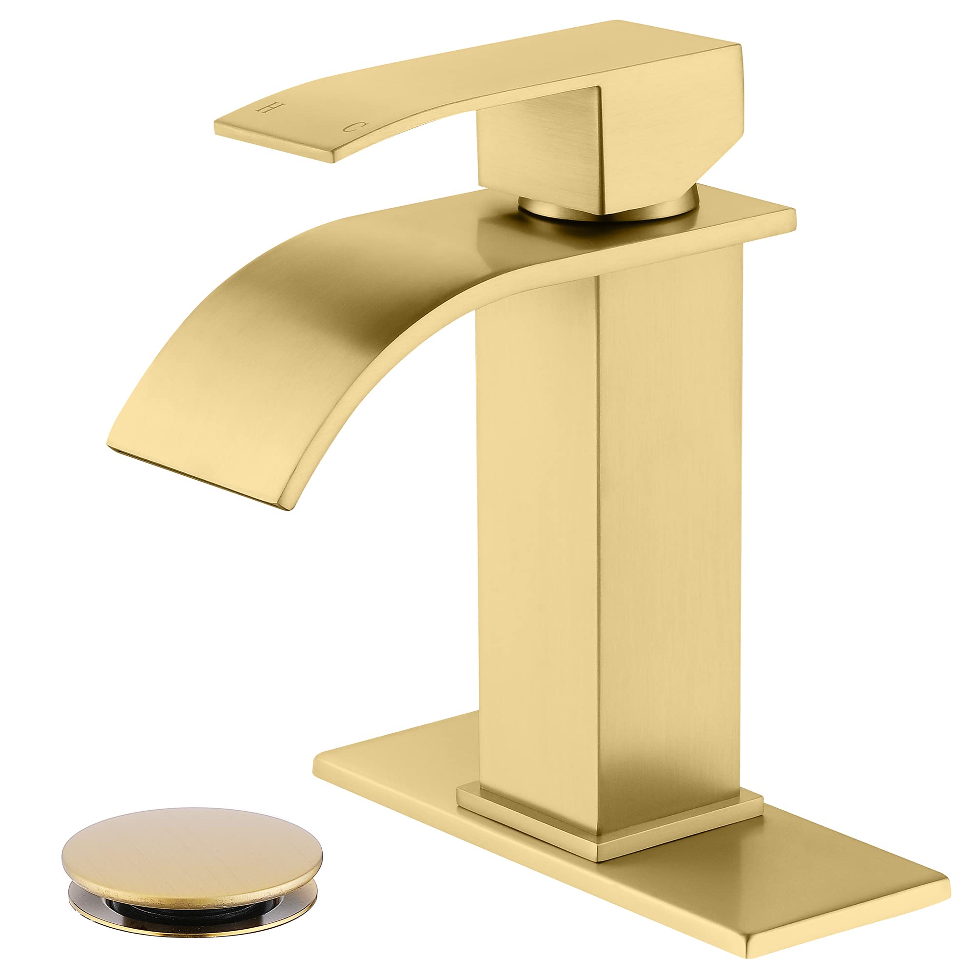 Waterfall Faucet for Bathroom Sink, Single Hole Bathroom Faucet Brushed Gold with Pop Up Drains and Deck Plate for 3 Hole Installation JXM122BG