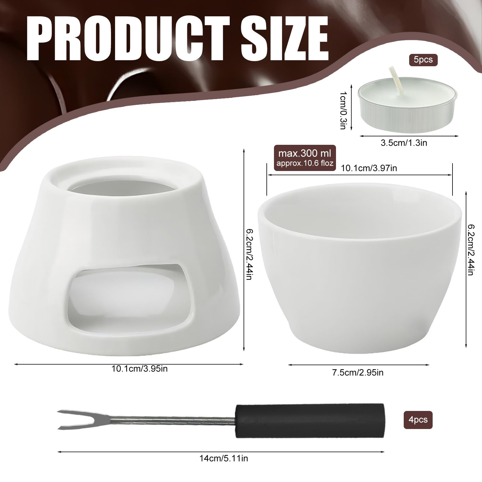 Dongcill Taza para Fondue de Chocolate,300 ml,de Cerámica,con 4 Tenedores y 5 Velas de té para 4 Personas,Paras Queso,Mantequilla,Caramelos