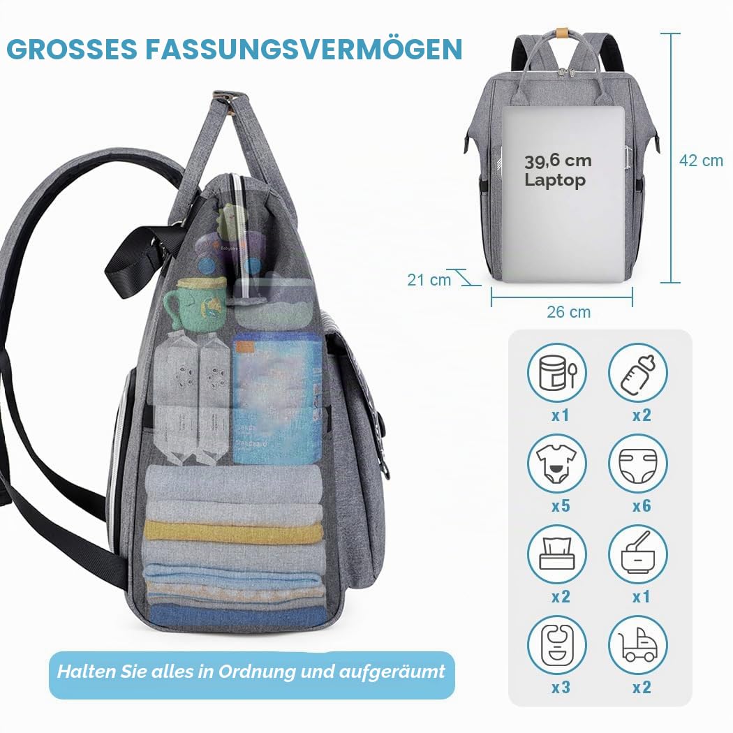 Lekebaby Baby Wickelrucksack Wickeltasche mit Wickelunterlage Multifunktional Große Kapazität Babytasche Reisetasche für Unterwegs, Grau