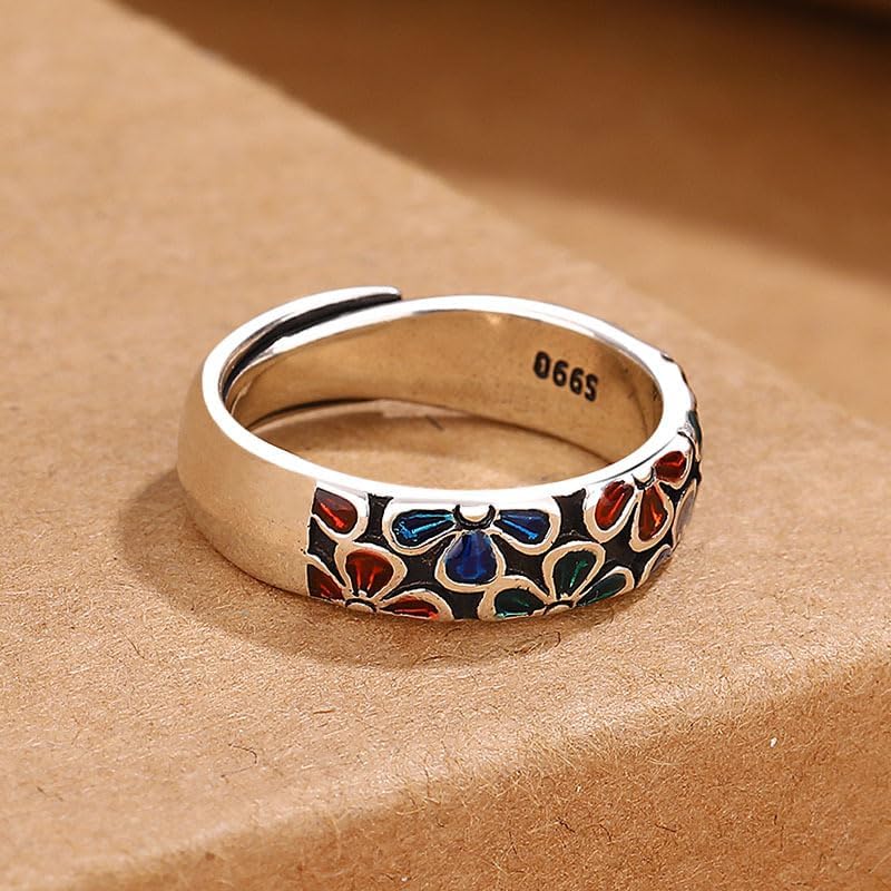 Metmejiao Vintage Plum Enamel Cloisonne Ring Women Engagement Party Ring Jewelry 925 Sterling Silver Handmade Colorful Enamel Plum Flower Ring