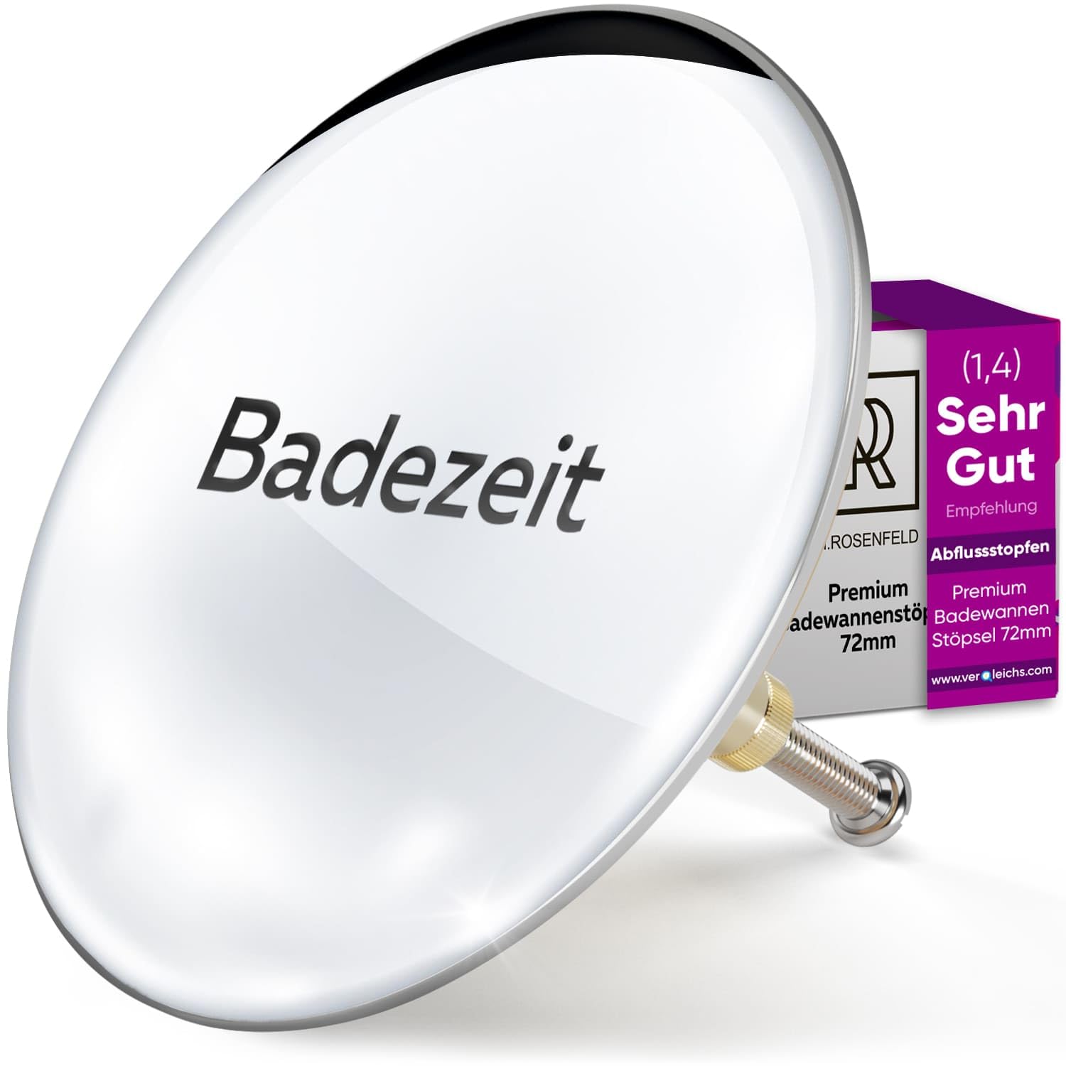 M. ROSENFELD HOME Badewannenstöpsel Universal Ø 72 Premium - Stöpsel Badewanne Chrom aus Messing mit Doppel Dichtung - Rostfrei Badewannen Stöpsel Verschluss - Eingraviert Badezeit