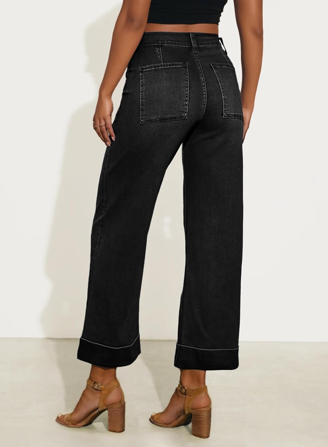 EVALESS Womens High Waist Wide Leg Jeans Trendy Cropped Denim Pants Solid Ankle Length Stretchy Jeans with Pockets - Image 4